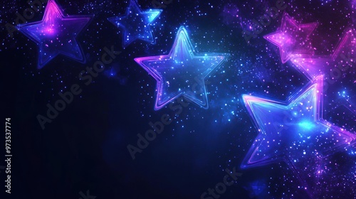 Abstract neon stars with glowing lights and sparkles on a dark blue background.
