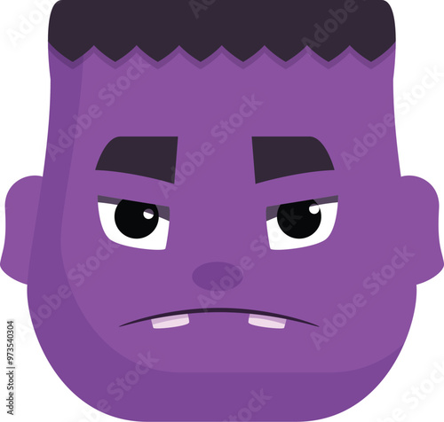 Cartoon illustration of a purple monster face is showing a grumpy emotion
