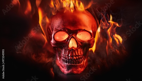 ominous red skull with menacing eyes and sharp teeth surrounded by dark flames and smoke conveying a sense of danger and mystery