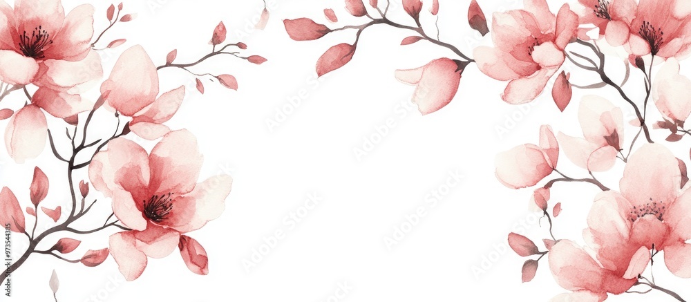 Fototapeta premium Beautiful Watercolor Floral Backdrop With Blossoms And Branches
