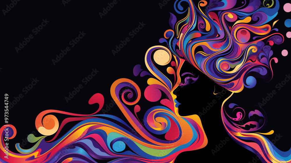 An abstract profile of a queen with multicolored swirls forming a vibrant pattern on a black background, creating contrast and dynamism An abstract profile of a queen with multicolored swirls forming a vibrant pattern on a black background, creating contrast and dynamism
