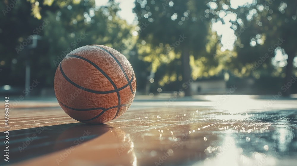 A basketball resting on a court, surrounded by trees and sunlight. A basketball resting on a court, surrounded by trees and sunlight.