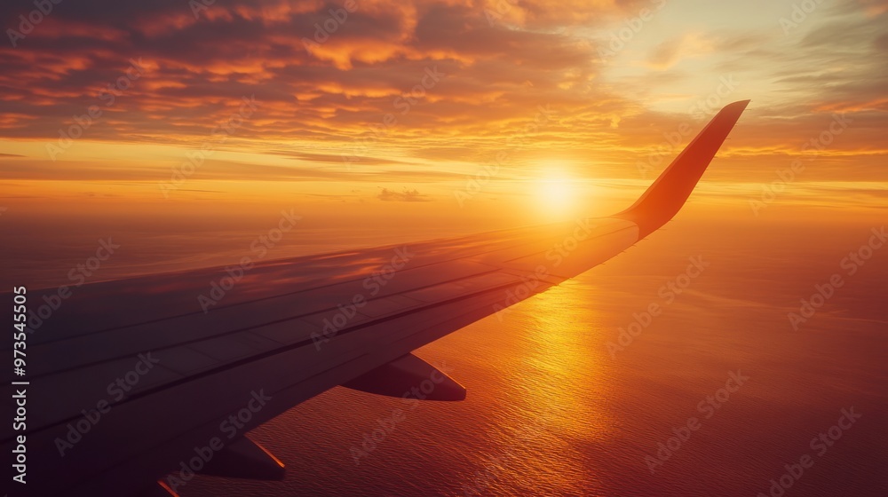 Airplane wing with sunset reflection over the clouds. Airplane wing with sunset reflection over the clouds.