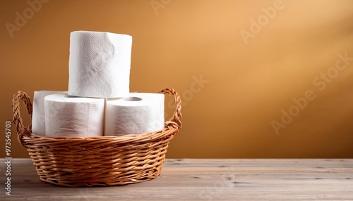 whicker basket with rolls of toilet paper on wooden board table with copy space photo