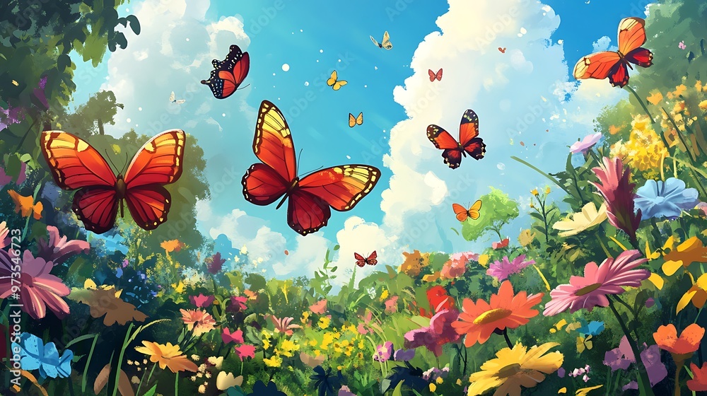 Beautiful Spring Meadow with Flying Butterflies and Colorful Flowers Beautiful Spring Meadow with Flying Butterflies and Colorful Flowers