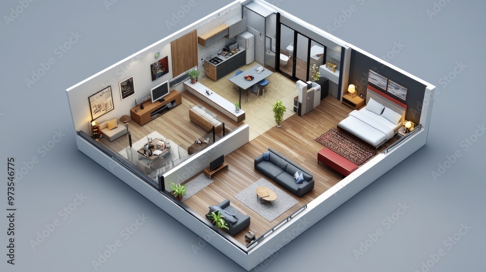 Top view of a modern apartment with living room, kitchen, bedroom and bathroom. Top view of a modern apartment with living room, kitchen, bedroom and bathroom.