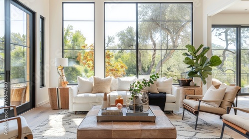 bright and stylish living room with large windows  comfortable furniture  and modern decor  perfect for relaxation and socializing.