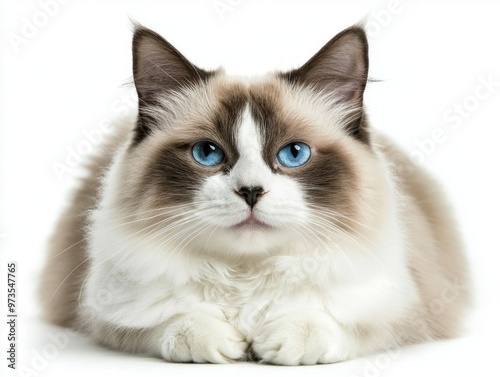 serene Ragdoll cat lounges comfortably, showcasing its luxurious fur and soft demeanor, perfectly set against a clean white backdrop.