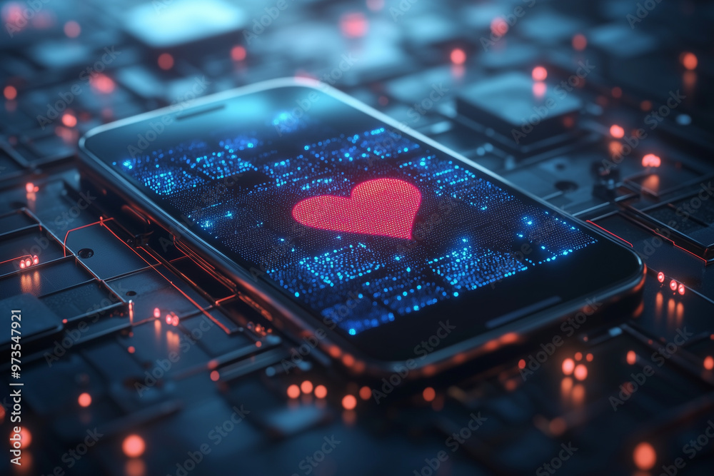 An online dating scam illustrated with fake profiles and suspicious messages, with cybersecurity measures flagging the activity.