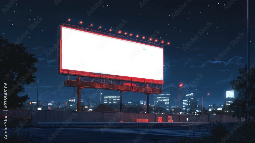 A blank billboard with red lights stands tall against a night sky filled with stars, overlooking a city skyline. A blank billboard with red lights stands tall against a night sky filled with stars, overlooking a city skyline.