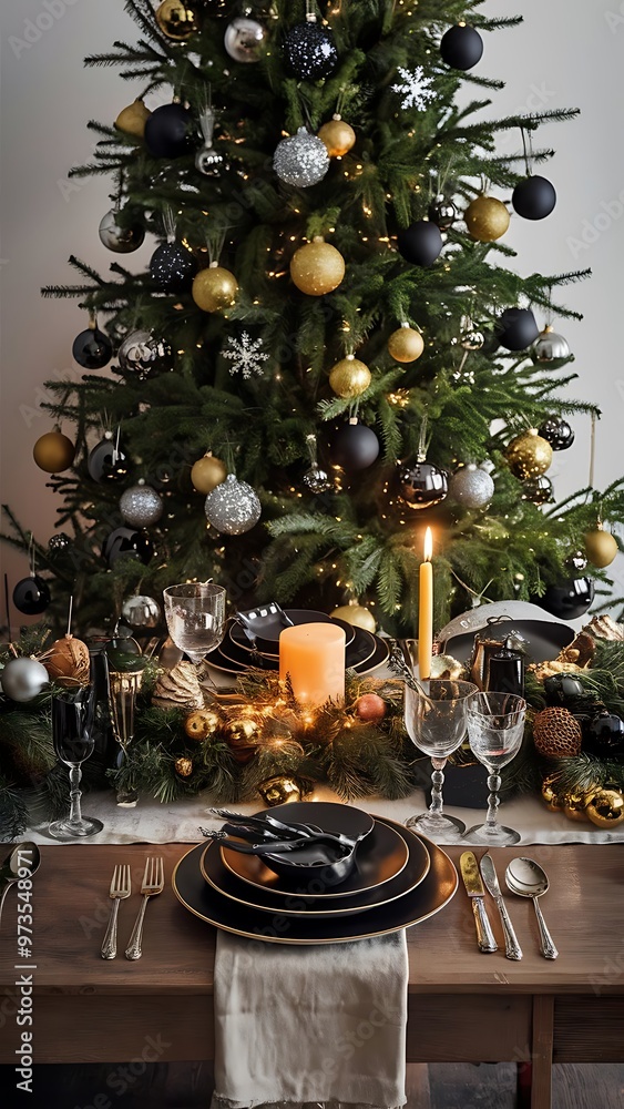 Fototapeta premium Christmas background with Christmas tree on wooden table. Black, golden and silver ornaments
