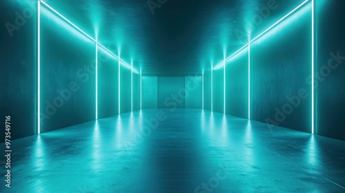 Empty room with blue neon lights on the walls and floor, reflecting on the smooth surface.