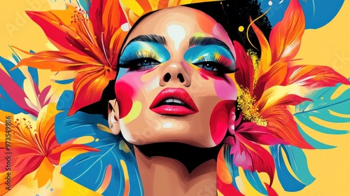 Woman with vibrant makeup and colorful flower petals.