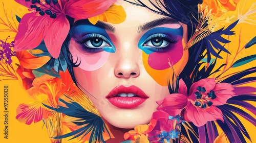 Close up of a woman's face with colorful floral decoration and makeup.