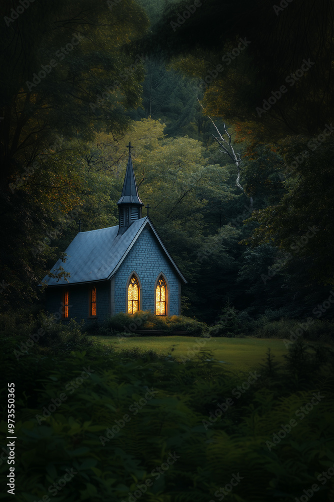 Fototapeta premium A small historic chapel bathed in soft daylight, nestled in a picturesque setting, exuding charm and timeless beauty