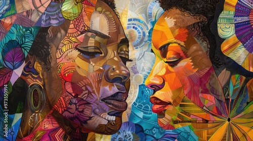 Vibrant artwork depicting two women with rich colors, showcasing cultural expression and strong emotional connection.