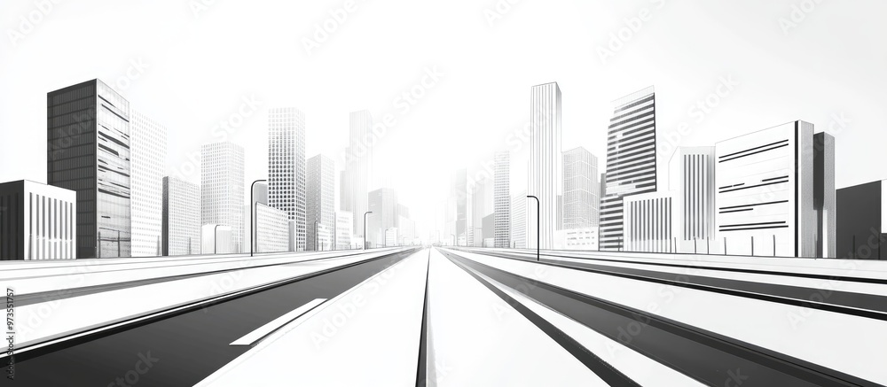 Fototapeta premium Vibrant monochrome urban scene featuring an empty street in a surreal cityscape with roads and buildings Contemporary 2d illustration of a modern town