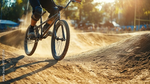 A cyclist navigating a dirt track during a sunny day, showcasing action and sport.
