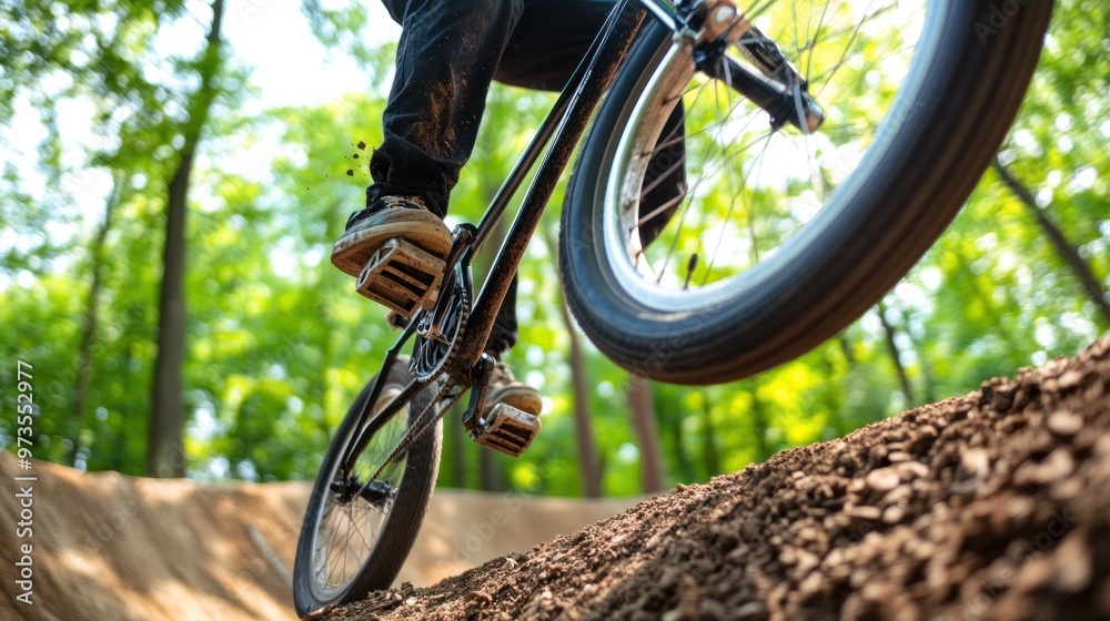 Fototapeta premium A cyclist performing tricks on a dirt track in a forested area.