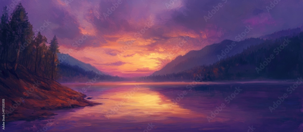 Vibrant dusk scenery featuring a stunning sky and pristine lake with kaolin clay and a brown mountain Digital painting in an impressionist style Vibrant dusk scenery featuring a stunning sky and pristine lake with kaolin clay and a brown mountain Digital painting in an impressionist style