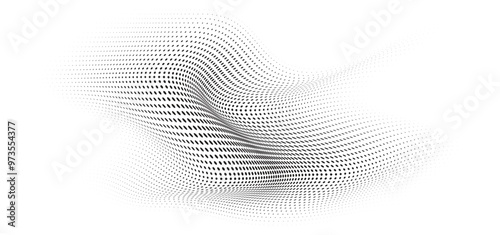 Flowing Wave Dot Halftone Pattern: Curve Gradient Shape on Transparent Background. Suitable for AI, Tech, Network, Digital, Science, and Technology Themes.