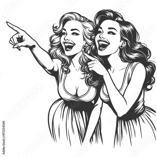 two cheerful women, smiling and pointing with excitement, evoking retro pin-up and 1950s fashion sketch engraving generative ai vector illustration. Scratch board imitation. Black and white image.