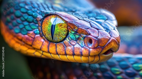 A close-up of a snake's eye with vibrant scales.