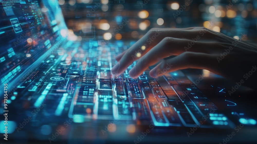 Close-up of a hand typing on a glowing keyboard with a blurry city lights background. Close-up of a hand typing on a glowing keyboard with a blurry city lights background.