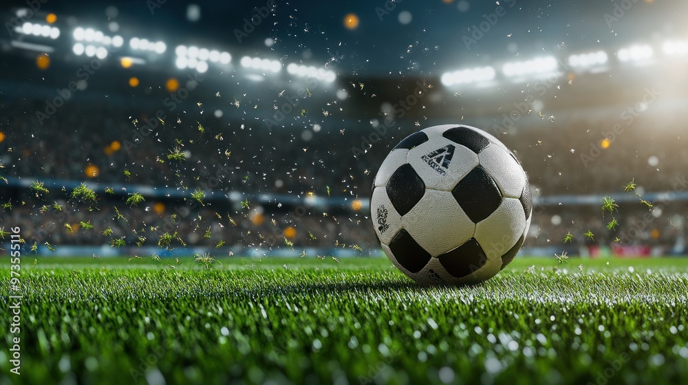 Fototapeta premium A close-up of a soccer ball on a grass field with a stadium backdrop.