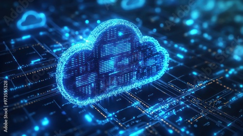 A glowing blue cloud icon hovers over a circuit board, representing cloud computing and data storage.