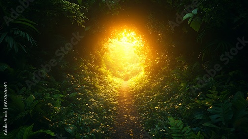 Mysterious path leading to a glowing light in a dark jungle