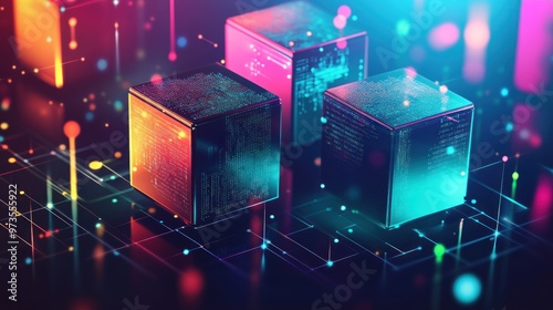 Abstract cubes with neon lights and glowing lines in a network.