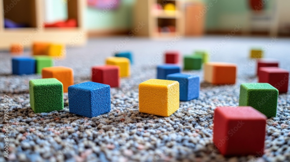 Colorful wooden blocks scattered on a carpet with a blurred background. Colorful wooden blocks scattered on a carpet with a blurred background.