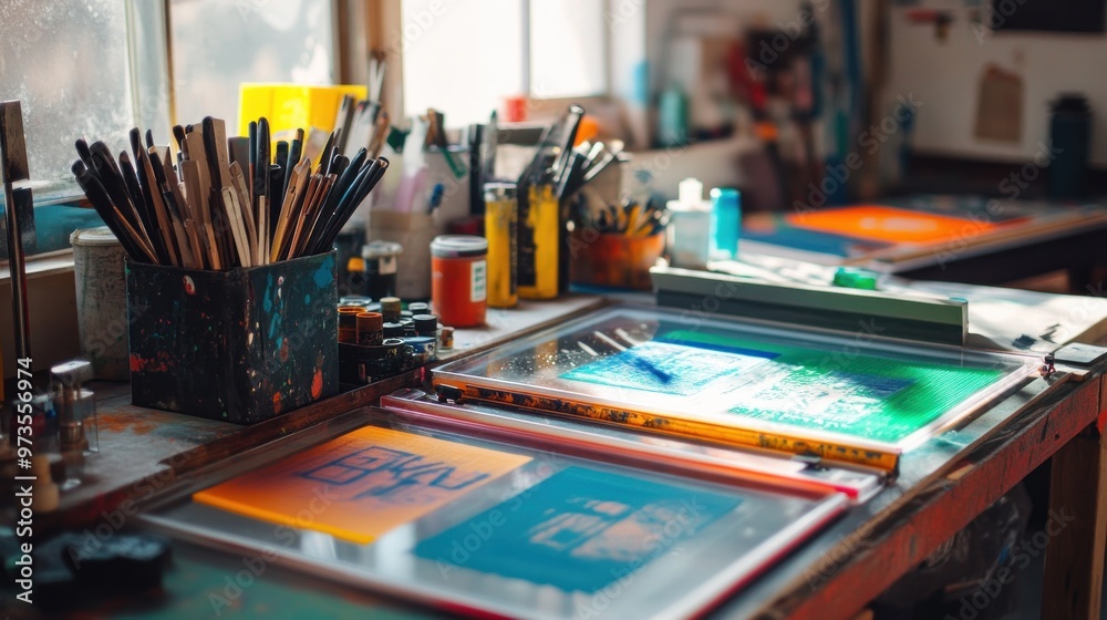 Close up of an artist's workspace with paintbrushes, paint, and screen printing supplies. Close up of an artist's workspace with paintbrushes, paint, and screen printing supplies.