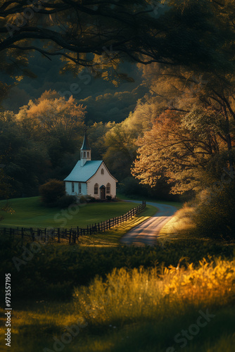 Small historic chapel bathed in soft daylight, nestled in a picturesque setting, exuding charm and timeless beauty, vertical image