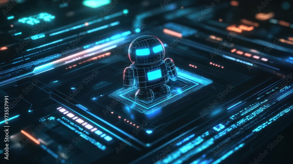 Obraz premium A futuristic chat robot icon glowing on a transparent touchscreen, surrounded by digital codes and symbols