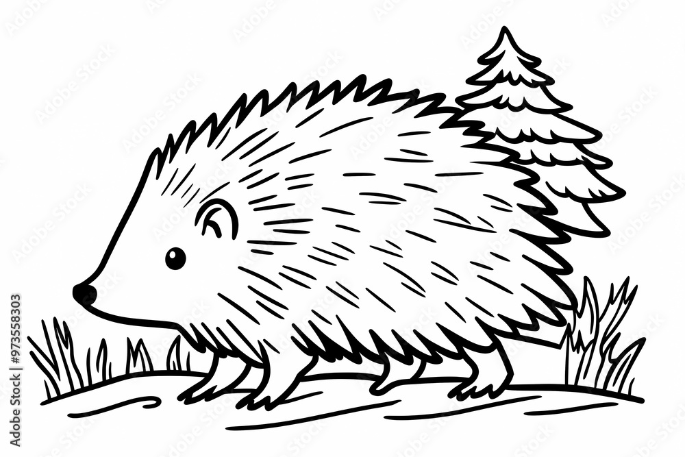Obraz premium Cute hedgehog coloring page for kids, ideal for creative learning fun.