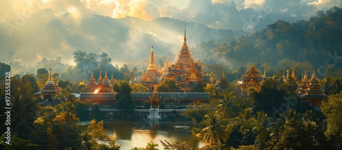 Breathtaking aerial view of an ornate Buddhist temple complex surrounded by lush tropical vegetation and dramatic cloudy skies  The temple s intricate photo