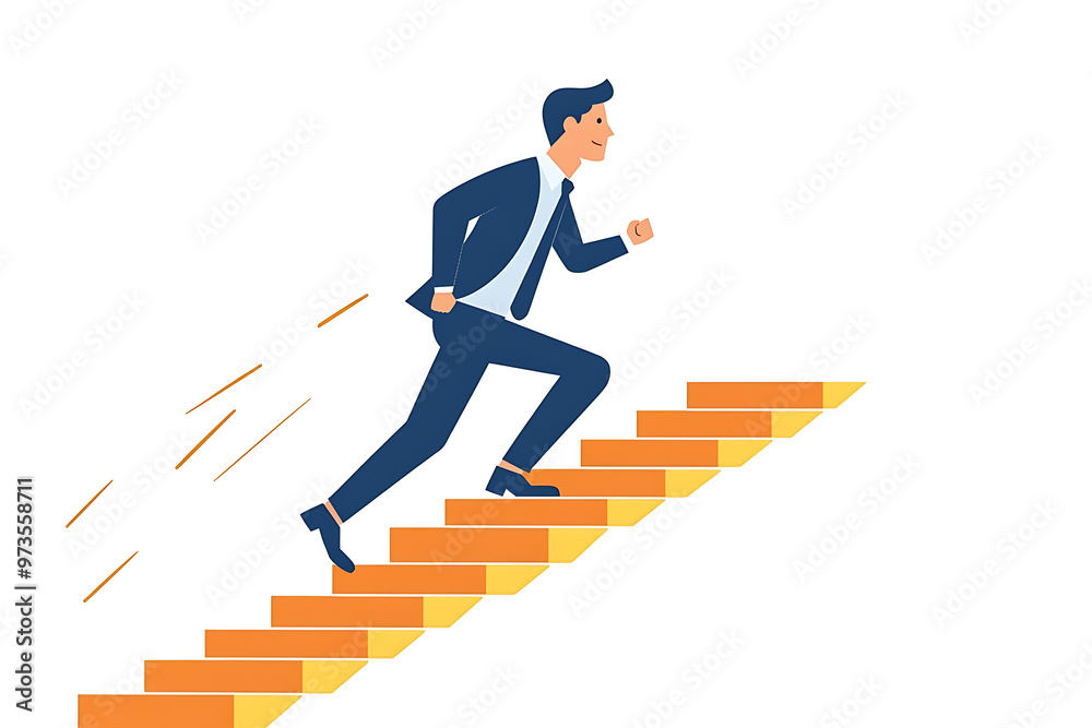 a businessman confidently running up stairs, symbolizing career growth and success. Simple shapes and vibrant colors.flat art style a businessman confidently running up stairs, symbolizing career growth and success. Simple shapes and vibrant colors.flat art style
