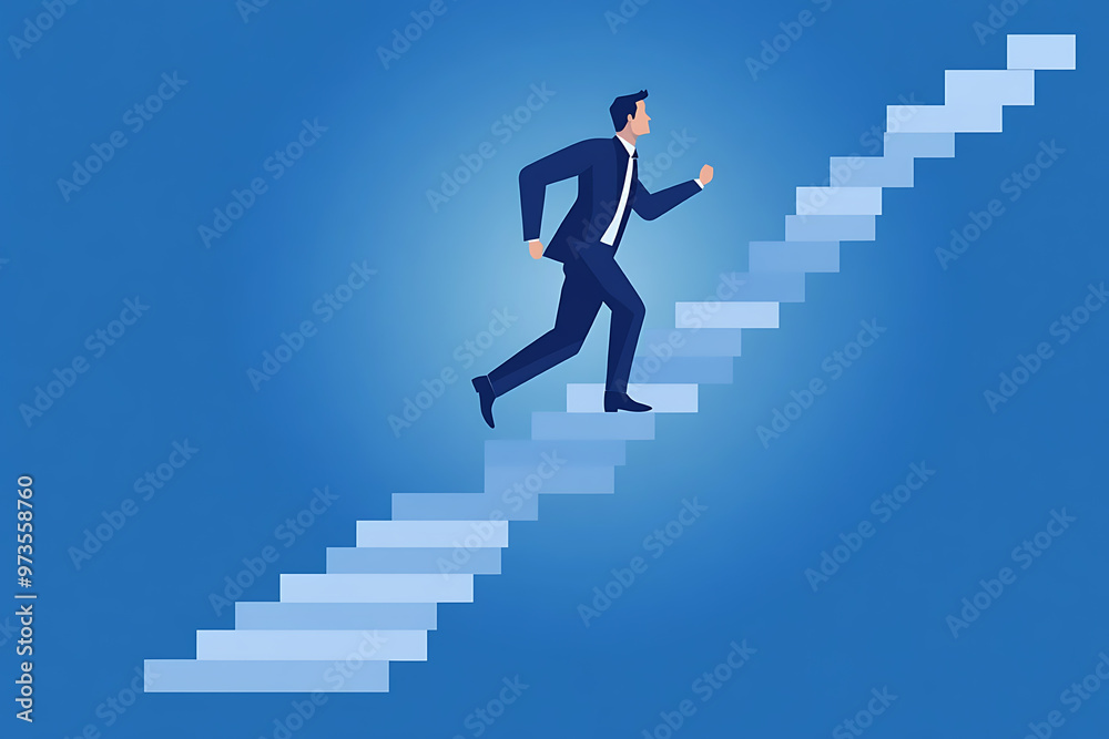 a businessman confidently running up stairs, symbolizing career growth and success. Simple shapes and vibrant colors.flat art style a businessman confidently running up stairs, symbolizing career growth and success. Simple shapes and vibrant colors.flat art style