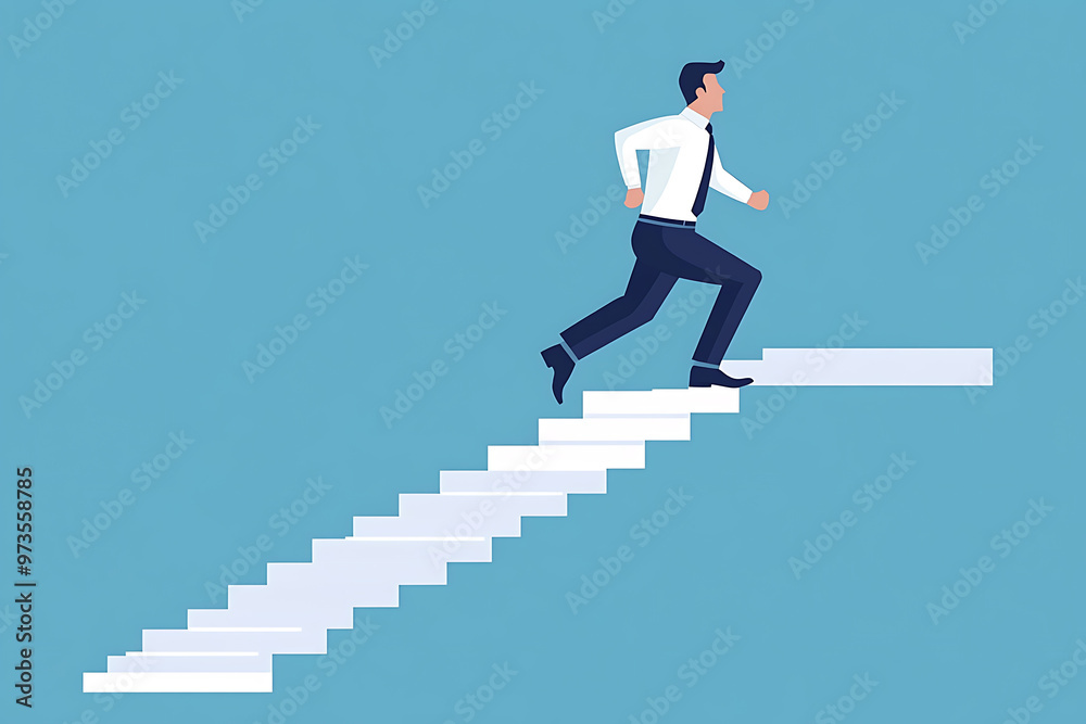 a businessman confidently running up stairs, symbolizing career growth and success. Simple shapes and vibrant colors.flat art style a businessman confidently running up stairs, symbolizing career growth and success. Simple shapes and vibrant colors.flat art style