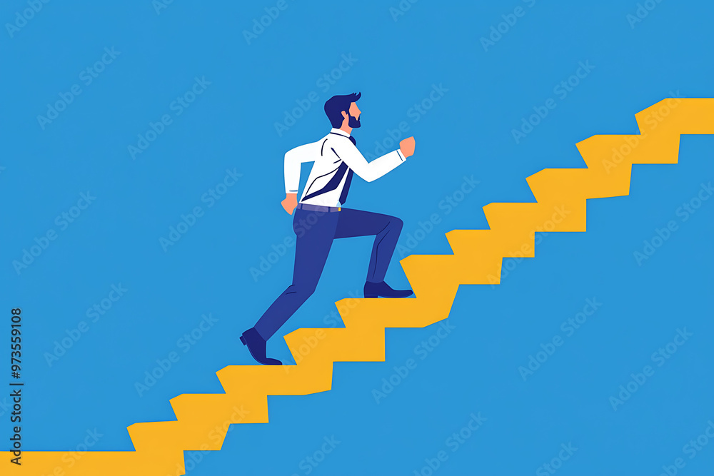 a businessman confidently running up stairs, symbolizing career growth and success. Simple shapes and vibrant colors.flat art style a businessman confidently running up stairs, symbolizing career growth and success. Simple shapes and vibrant colors.flat art style