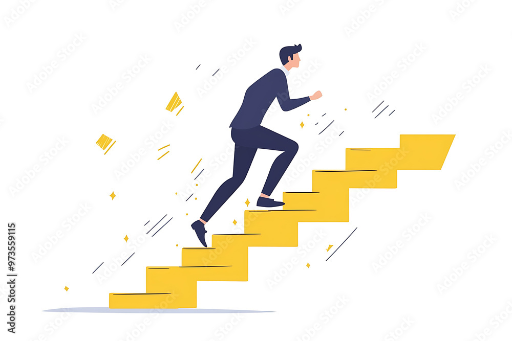 a businessman confidently running up stairs, symbolizing career growth and success. Simple shapes and vibrant colors.flat art style a businessman confidently running up stairs, symbolizing career growth and success. Simple shapes and vibrant colors.flat art style