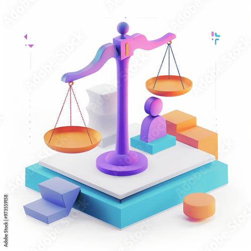 scale balance justice law equality weight fairness 3d abstract decision purple orange blocks figure analysis comparison metaphor symbol business economy 