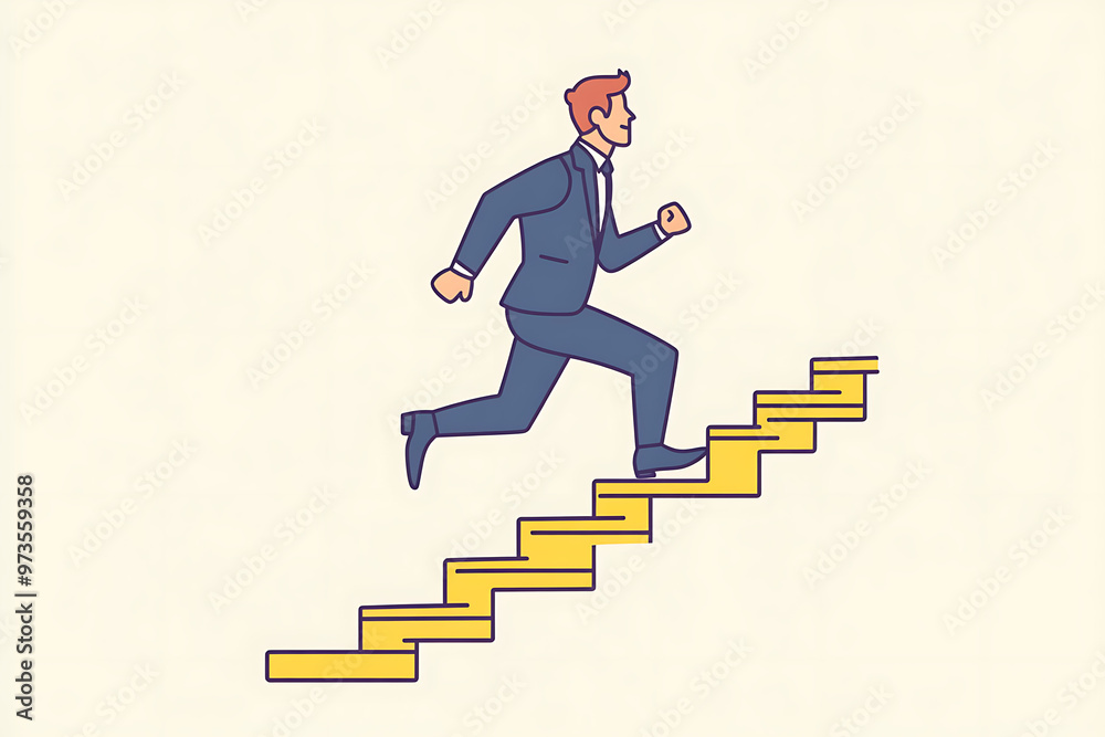 a businessman confidently running up stairs, symbolizing career growth and success. Simple shapes and vibrant colors.flat art style a businessman confidently running up stairs, symbolizing career growth and success. Simple shapes and vibrant colors.flat art style