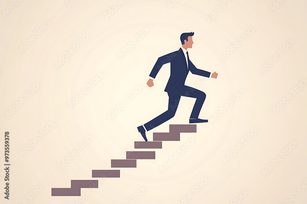 a businessman confidently running up stairs, symbolizing career growth and success. Simple shapes and vibrant colors.flat art style a businessman confidently running up stairs, symbolizing career growth and success. Simple shapes and vibrant colors.flat art style