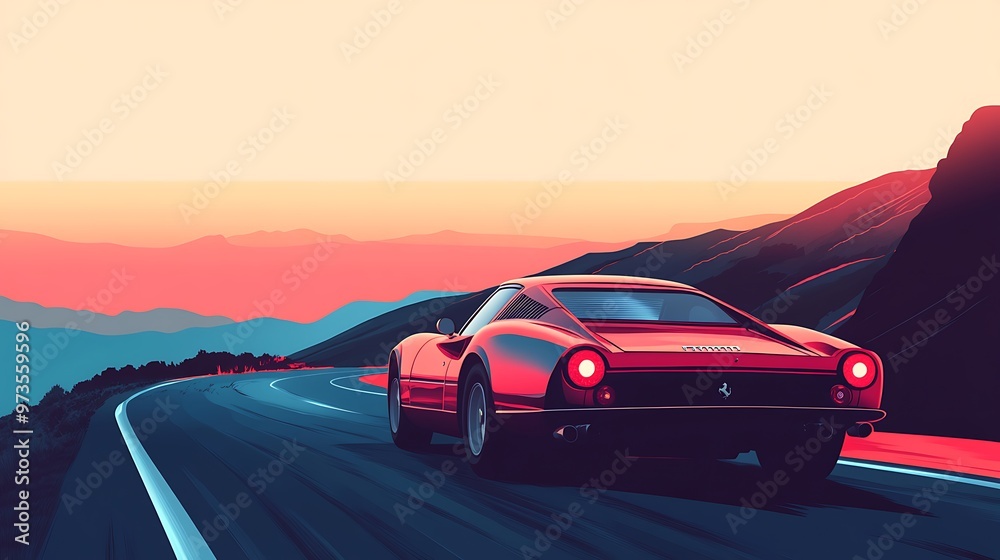 Naklejka premium Red sports car driving on winding road with sunset in background. Concept of freedom, speed, adventure, and travel