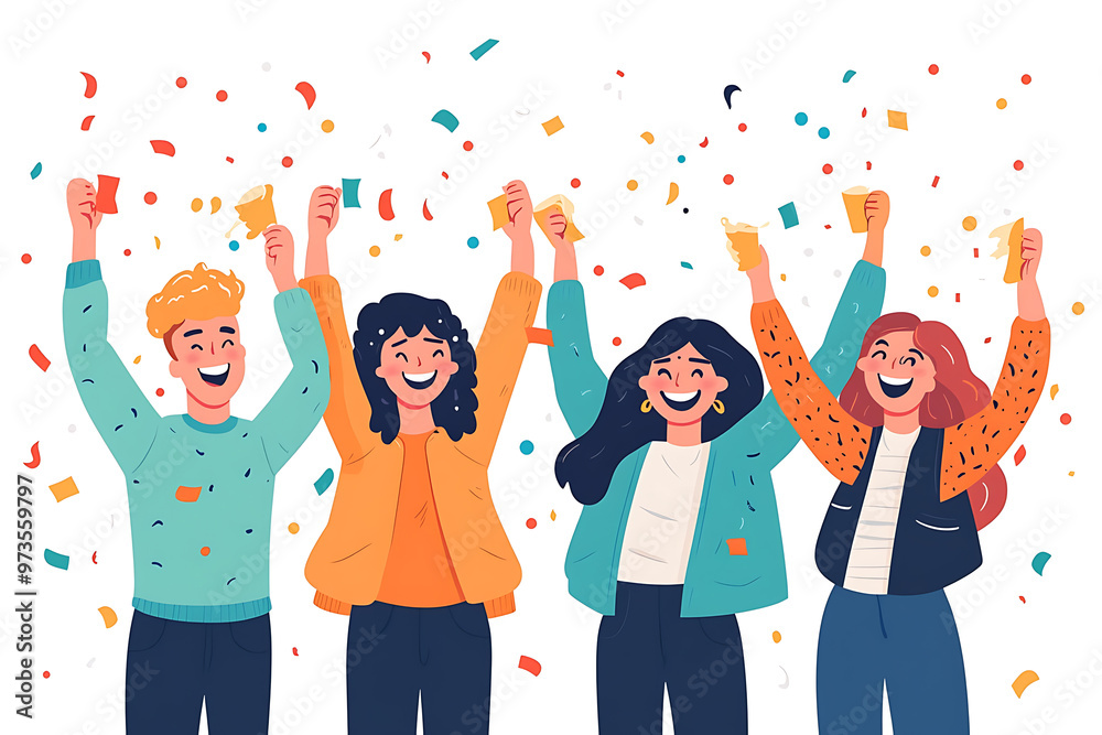 A group of office workers celebrating a successful project with confetti and cheers in a flat art style. The minimalistic design highlights teamwork and achievement A group of office workers celebrating a successful project with confetti and cheers in a flat art style. The minimalistic design highlights teamwork and achievement