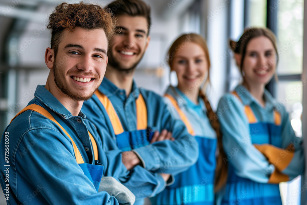 Cleaning Crew Team in Uniform Smiling and Working Together in Healthy Job Environment for Employment and Job Agencies