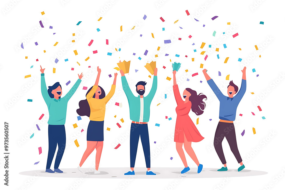 A group of office workers celebrating a successful project with confetti and cheers in a flat art style. The minimalistic design highlights teamwork and achievement A group of office workers celebrating a successful project with confetti and cheers in a flat art style. The minimalistic design highlights teamwork and achievement